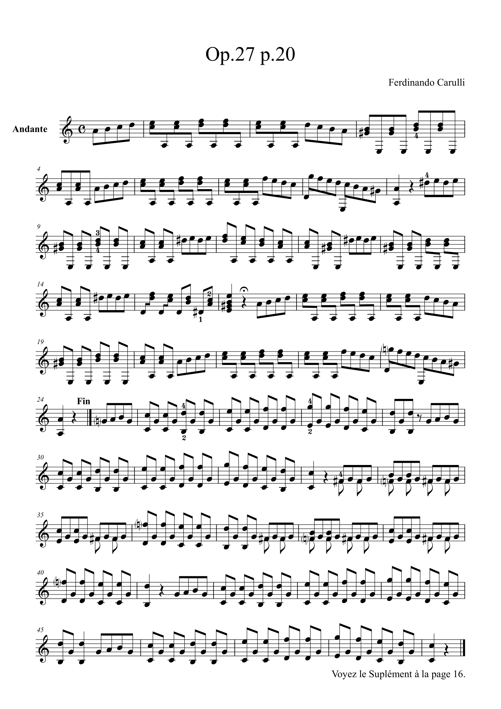 F. カルリ 「フェルディナンド・カルリによって彼の息子グスタボ教育のためことさらに作曲されたギターのための完全な教則本」(第4版)20ページ