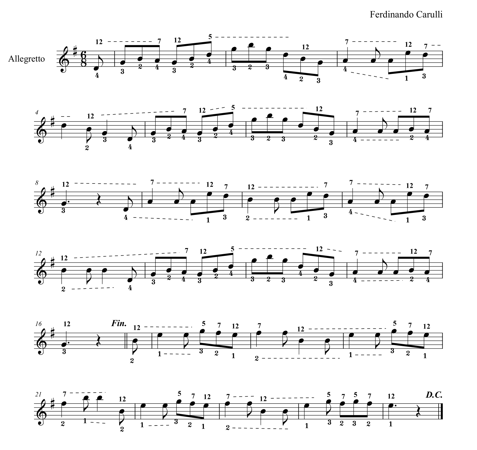 F. カルリ　「フェルディナンド・カルリによって彼の息子グスタボ教育のためことさらに作曲されたギターのための完全な教則本」（第4版）57ページアレグレット