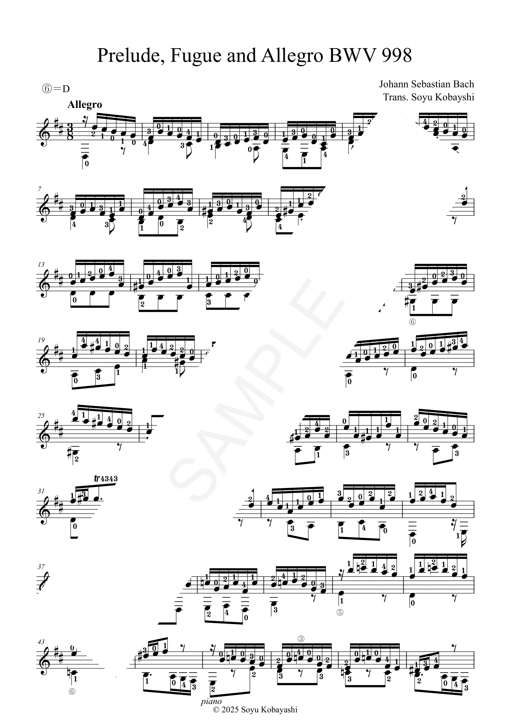 J. S. Bach　アレグロ　BWV998　ギターソロアレンジ